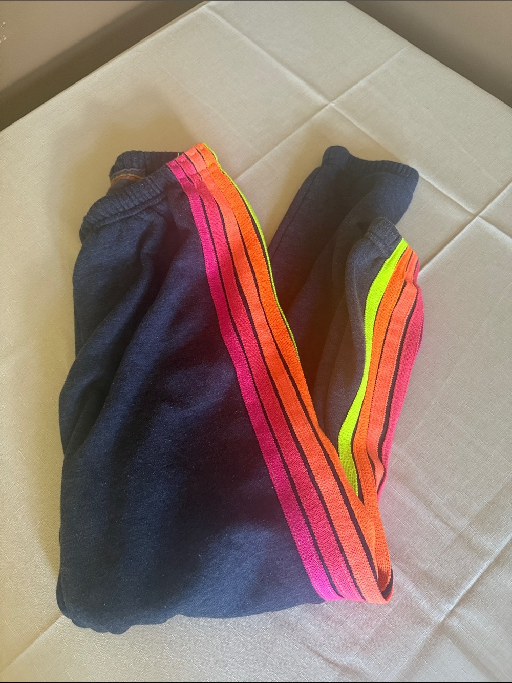 Aviator Nation Dark Navy Joggers with Neon Pink, Orange & Yellow Stripes